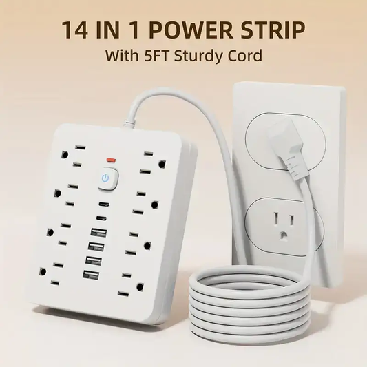 regleta 14 en 1 con 8 Tomas AC, 4 Puertos USB-A y 2 USB-C, Cable de 5 Pies