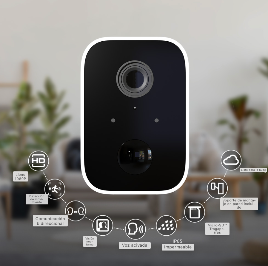 Cámara de Seguridad WiFi con Batería – Inalámbrica – Interior/Exterior – Recargable– Visión Nocturna