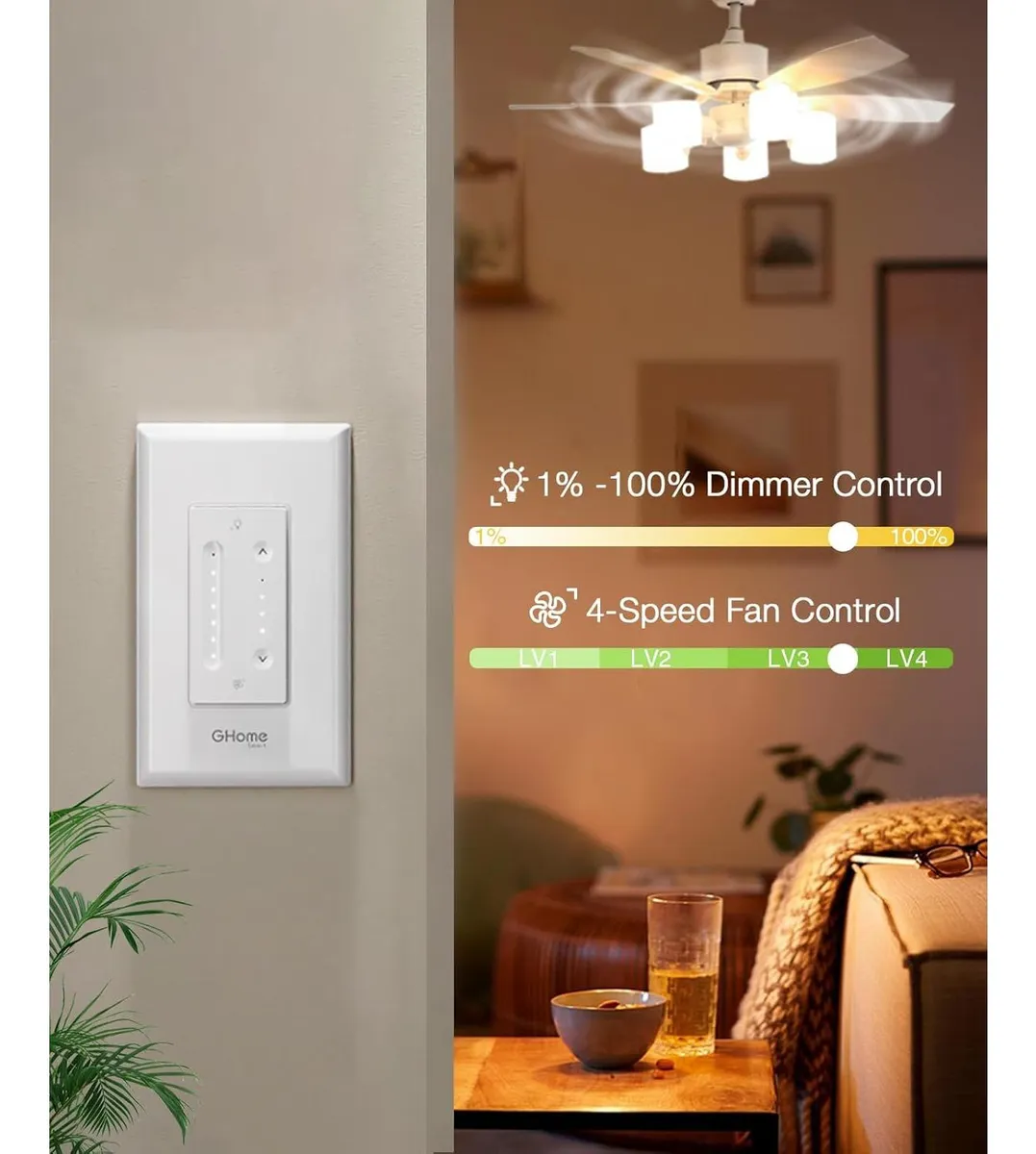 Interruptor Regulador Inteligente WIFI GHome SW19 para Ventilador de Techo